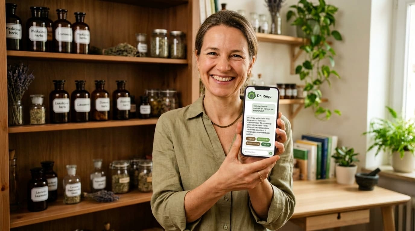 Heilpraktikerin in ihrer Praxis zeigt die ReguCompass App mit Regu Mentor KI auf ihrem Smartphone — das KI-gestützte Wissenstool für Regulationsmedizin