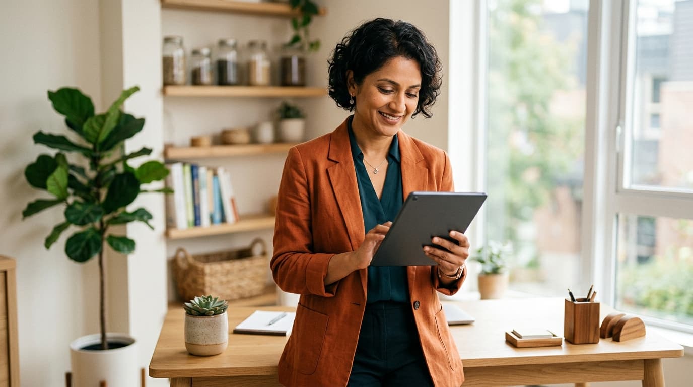 Therapeutin schaut zufrieden auf ihr Tablet mit der ReguCompass App