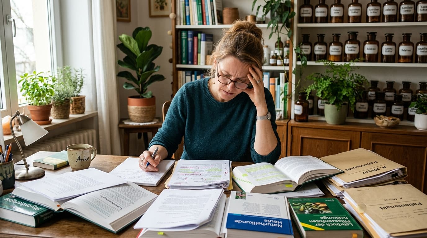 Heilpraktikerin sucht stundenlang in Büchern und Unterlagen nach der richtigen Diagnose